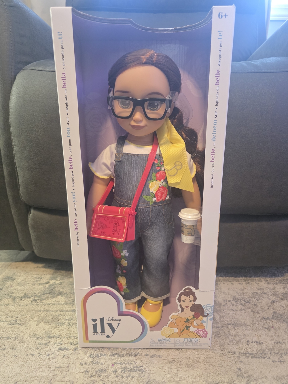 Disney Belle Play Doll in Denim Overalls with Yellow Accents and Red Bag